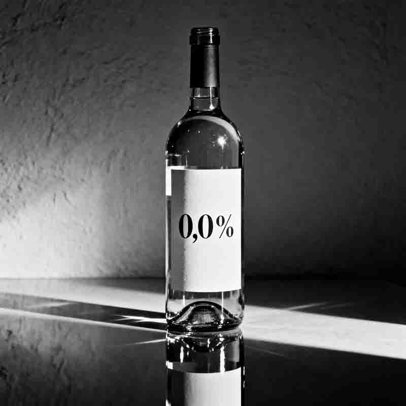 Eine Schwarz-Weiß-Fotografie einer klaren Alkoholfreien Weinflasche, die auf einer spiegelnden Oberfläche steht. Die Flasche hat ein schlichtes, weißes Etikett, auf dem „0,0%“ steht.