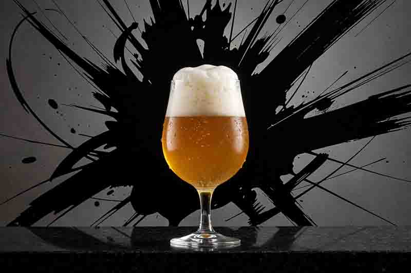 Ein Bier-Verkostungsglas helles, goldfarbenes Bier mit einer üppigen, weißen Schaumkrone steht im Zentrum auf einer dunklen, glänzenden Oberfläche.