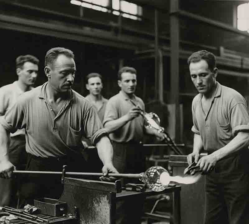 Schwarz-weiß-Foto, das fünf Männer in der Josephinenhütte bei der Glasherstellung zeigt. Im Vordergrund arbeiten zwei Glasbläser konzentriert an einem glühenden, runden Glasobjekt, das an einer Glasmacherpfeife befestigt ist.