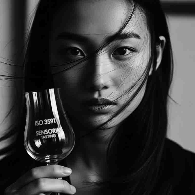 Ein schwarz-weißes, nah aufgenommenes Porträt eines asiatischen Models. Sie hält ein leeres Verkostungsglas, auf dem ISO 3591 SENSORIK TASTING steht, in ihrer rechten Hand, die einen Teil des unteren Gesichts und der Lippen verdeckt.