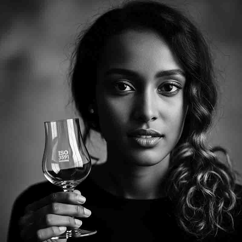 Ein schwarz-weißes, nah aufgenommenes Porträt einer Frau mit langen, lockigen Haaren, die über ihre Schulter fallen. Sie hält ein leeres Verkostungsglas in ihrer rechten Hand, auf dessen Seite ISO 3591 in Großbuchstabenteht.