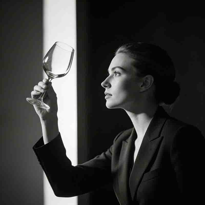 Eine Sommelière in einem dunklen Blazer hält ein hochwertiges Weinglas prüfend gegen einen schmalen Lichtstreifen; der konzentrierte Blick gilt der makellosen Klarheit und der Pflege des Glases, um sicherzustellen, dass keine Rückstände die Weinverkostung beeinträchtigen.