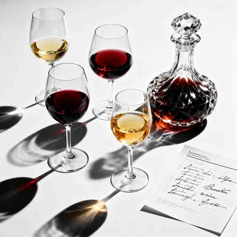Eine elegante Weinverkostungsszene mit mehreren Weingläsern unterschiedlicher Form, die vor weißem Hintergrund mit verschiedenen Rot- und Weißweinen gefüllt sind, daneben ein Verkostungsbogen und ein Weindekanter